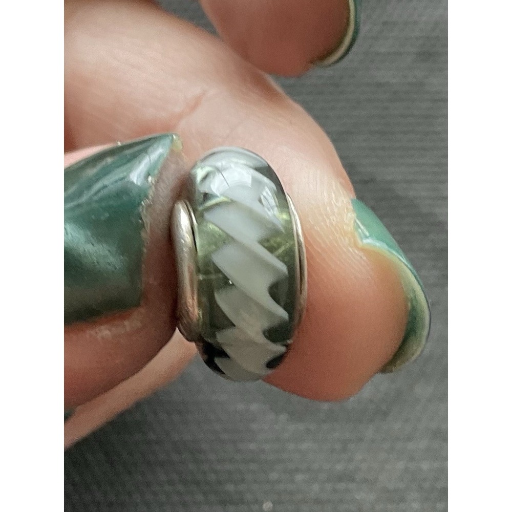 Pandora sterling silver Murano glass charm Green White Zigzag ALE 925